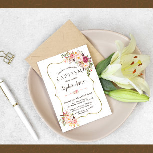 Convites Encantador Quadro Dourado Blush Batismo Floral Ros