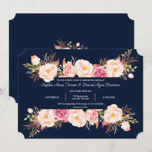 Convites Encantador Quadro Floral Rosa Casamento Azul Naval