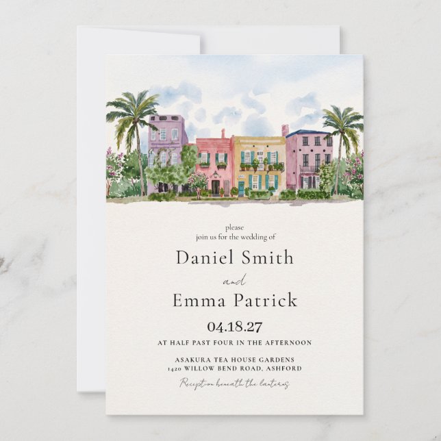 Convites Encantadora Charleston Rainbow Row Casamento Aquar (Frente)