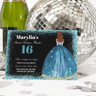 Convites Encantadora Turquesa Glitter Princess Sweet 16