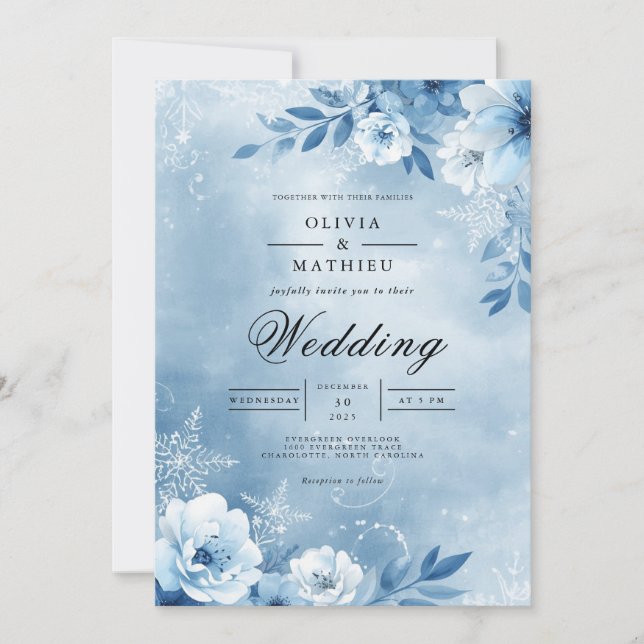 Convites Encantamento de Casamento Flor de Azul Gélido (Frente)