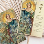 Convites Encantando Art Nouveau Wedding Sunlit Menu Card<br><div class="desc">Esta carta de cardápio de casamento inspirada em Art Nouveau exude elegância com uma vibrante paleta de verdes, teal e matizes quentes de ouro. A design apresenta uma mulher graciosa cercada por florescentes folhagem e flores, sua expressão serena iluminada por um halo radiante que lembra a luz solar. Este trabalho...</div>
