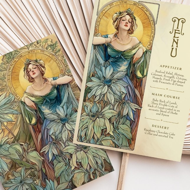 Convites Encantando Art Nouveau Wedding Sunlit Menu Card (Criador carregado)