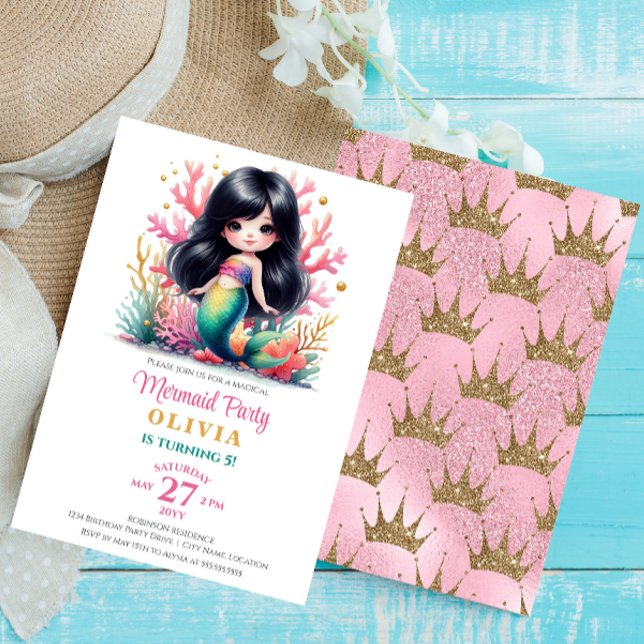 Convites Encantando Festa de aniversário de Sereia Mágica (Enchanted dark-haired mermaid birthday invitation front and back.)
