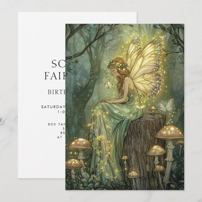 Convites Enchanted Fairy First Birthday Forest Mushrooms (Frente/Verso)