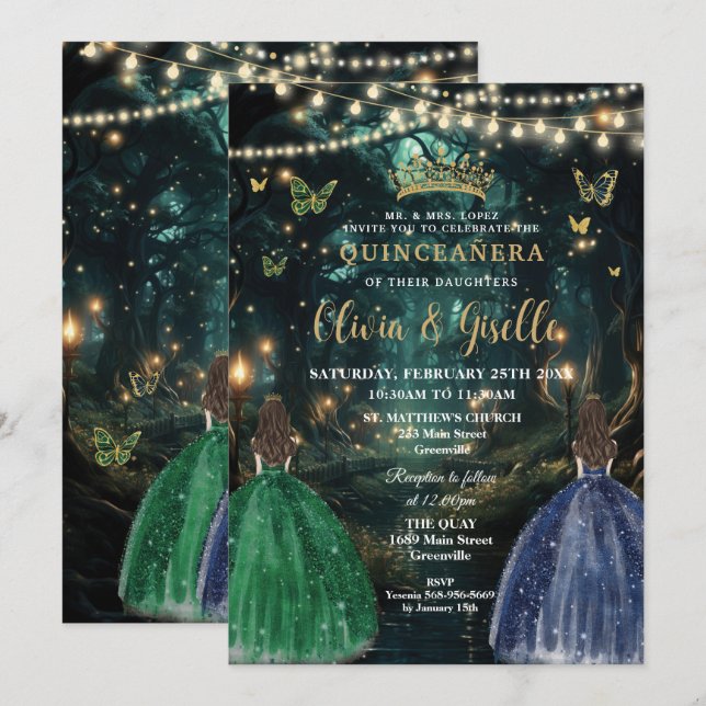 Convites Enchanted Forest Emerald & Navy Twins Quinceañera (Frente/Verso)