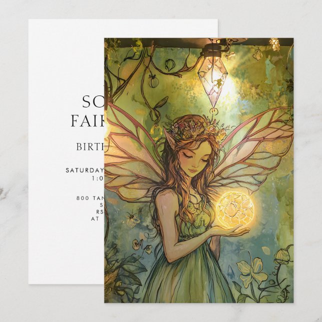 Convites Enchanted Forest Fairy Fairy First Birthday (Frente/Verso)