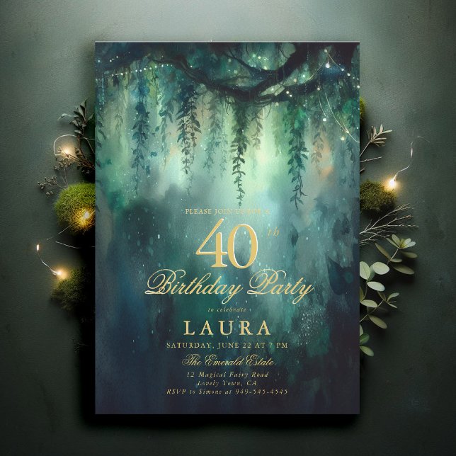 Convites Enchanted Forest Fairy Gold Greenery 40th Birthday (40th birthday invite for women enchanted forest garden greenery foliage emerald gold woodland fairy)
