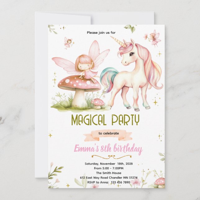Convites Enchanted Forest Fairy Unicorn Birthday Invitation (Frente)