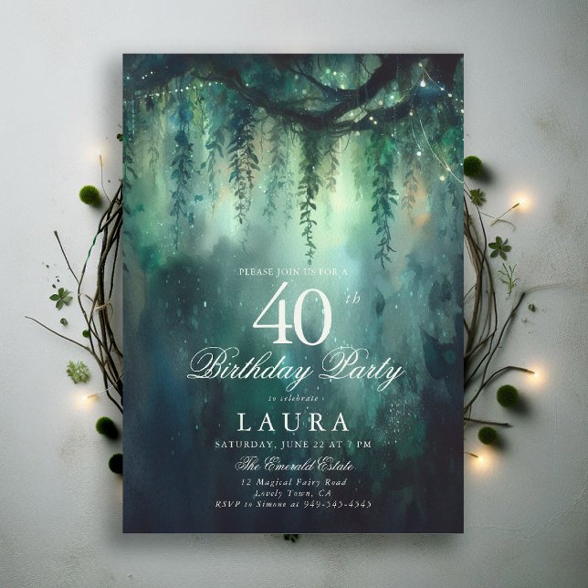 Convites Enchanted Forest Greenery Fairy 40th Birthday (40th birthday invite for women enchanted forest garden greenery foliage emerald green woodland fairy)