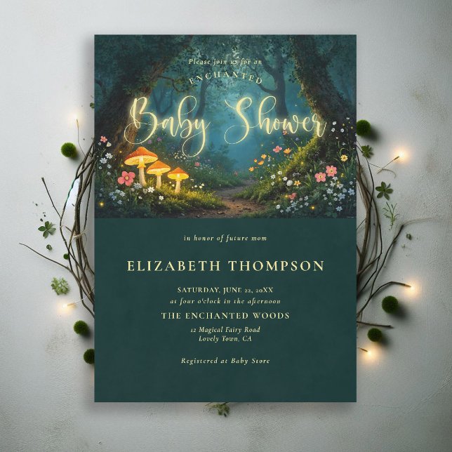 Convites Enchanted Forest Mushrooms Glow Script Baby Shower (enchanted forest baby shower theme invite magical fairy tale mushrooms woodland wildflowers fantasy )