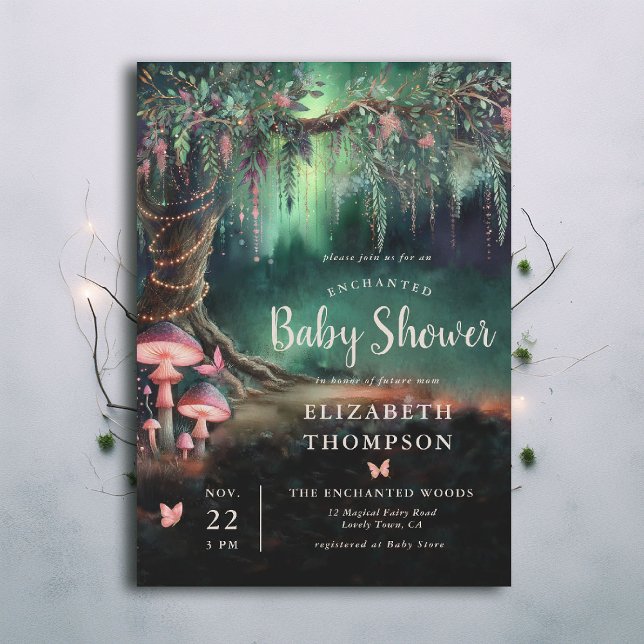 Convites Enchanted Forest Woodland Mushrooms Baby Shower (enchanted forest baby shower theme invitation mushrooms butterflies emerald green pink woodland)