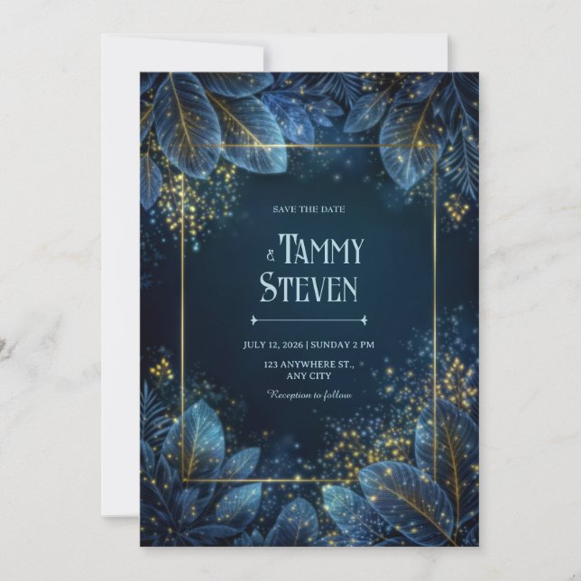 Convites Enchanted Midnight Gold Leaf Forest Wedding (Frente)