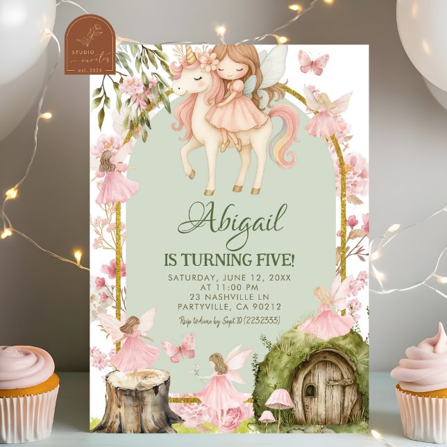 Convites Enchanted Pink Fairy and Unicorns Forest Birthday (Criador carregado)