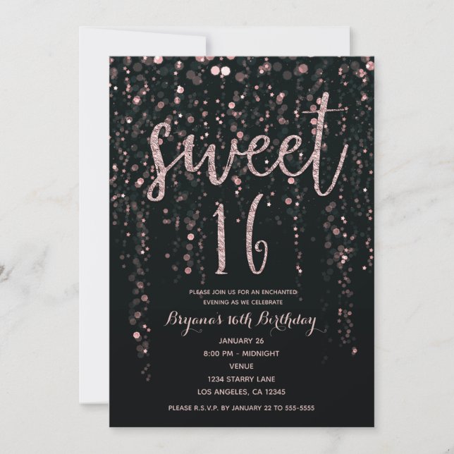 Convites Enchanted Star Lights Rosa Dourado Blush Sweet 16  (Frente)