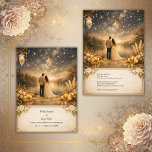 Convites Enchanted Starry Night Lake blue & gold Wedding<br><div class="desc">Enchanted Starry Night Lake forest blue & gold Wedding Invitation This romantic wedding invitation features a breathtaking starry night sky over a serene lake, capturing a magical and whimsical atmosphere. The design is framed by lush arrangements of white roses and rustic pampas grass, illuminated by the warm, golden glow of...</div>