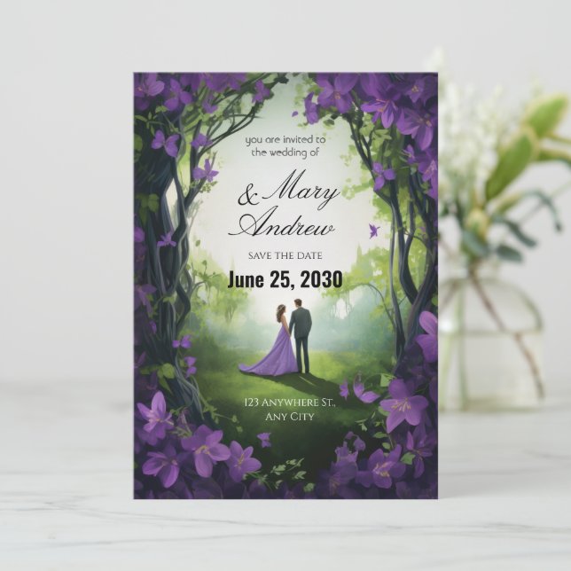 Convites Enchanted Violet Garden Wedding Invitation (Em pé/Frente)