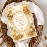 Convites Enchanted Woodland Animals Baby Shower<br><div class="desc">This charming woodland baby shower design features adorable forest animals gathered around a delicate vintage frame, creating a warm storybook scene perfect for celebrating a little one on the way. Sweet illustrations of a bunny, raccoon, squirrel, and owl are surrounded by tiny mushrooms, pinecones, wildflowers, and soft woodland greenery. The...</div>