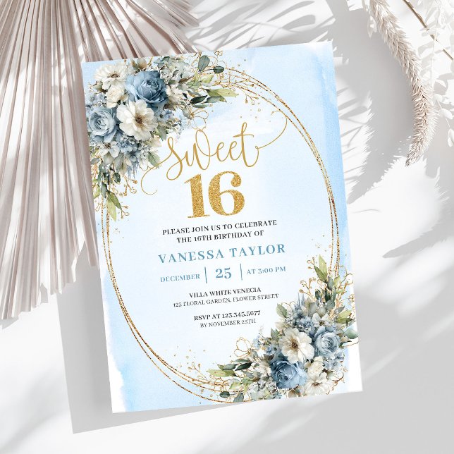 Convites Enchanting Dusty Blue Floral Sweet Sixteen Invites (Enchanting Dusty Blue Floral Sweet Sixteen Invitation)