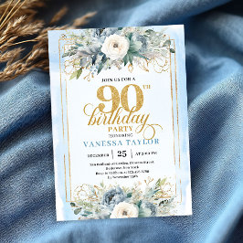 Convites Enchanting light blue gold look 90th birthday 