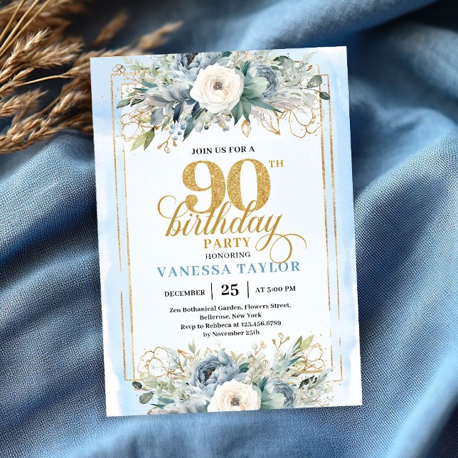 Convites Enchanting light blue gold look 90th birthday  (Enchanting light blue gold look 90th birthday invitation)