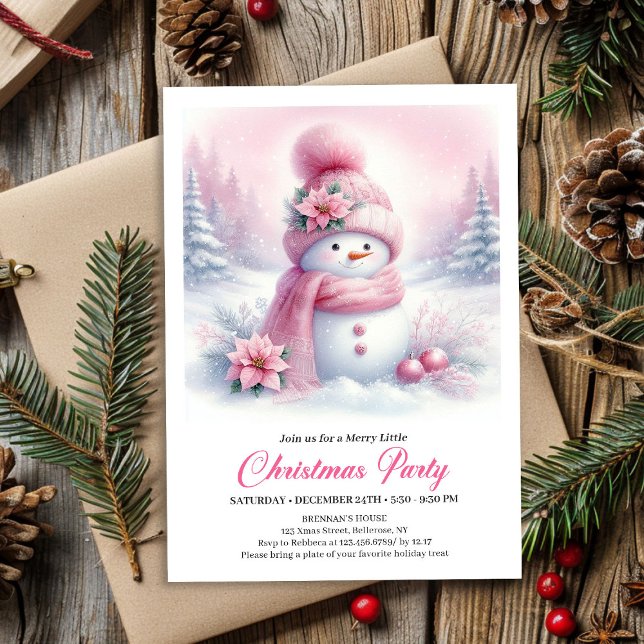 Convites Enchanting Pink Snowman Kids Christmas Invitation (Enchanting Pink Snowman Kids Christmas Invite Digital File)