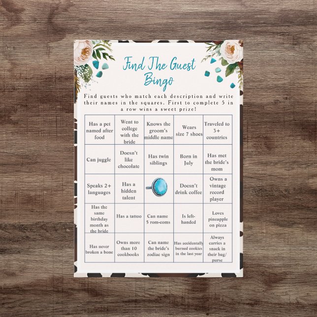 Convites Encontre Boho Jogo de Bingo para Chá de Noiva de C (Boho Find the Guest Bridal Shower Bingo game)