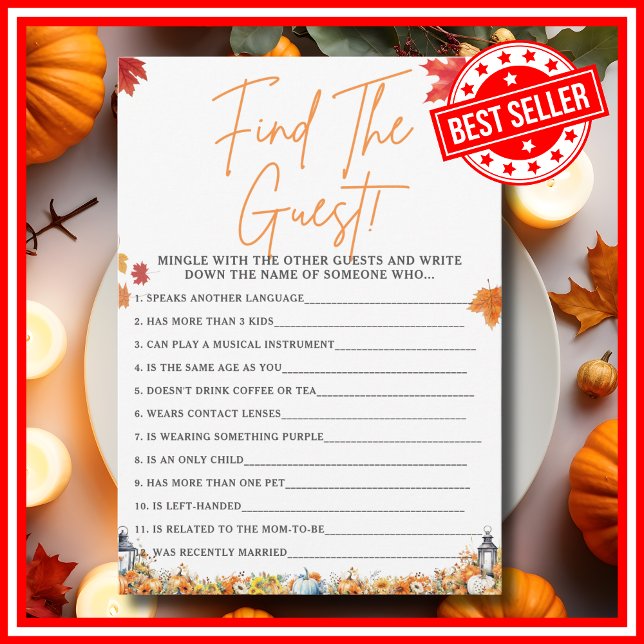 Convites ENCONTRE O CONVIDADO Jogo de Chá de Bebê LITTLE PU (FIND THE GUEST Easy Baby Shower Game A Little Pumpkin is on the Way Fall Autumn Theme)