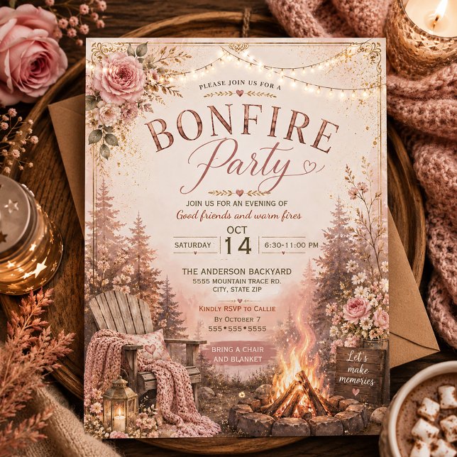 Convites Encontro de Queimada de Outono  (Pink floral Autumn Bonfire Invitation)