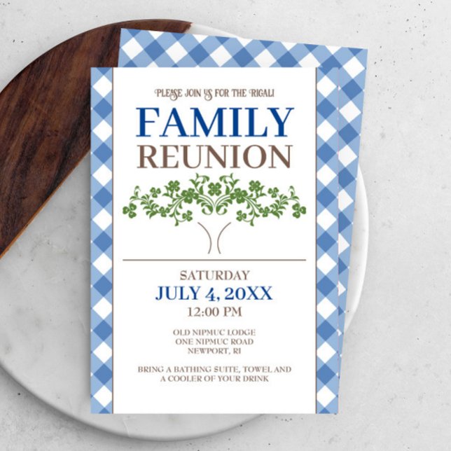 Convites Encontro Familiar Árvore Xadrez Azul (Family reunion invitations blue gingham with family tree art. )