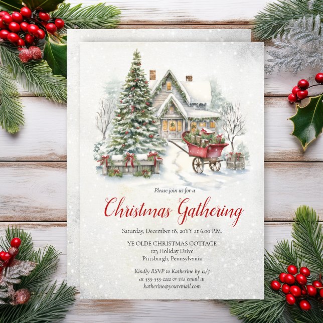 Convites Encontro Natalino em Casa de Campo Nostálgica (Nostalgic Vintage Cottage Holiday Christmas Gathering Invitation - Print | Digital Download)