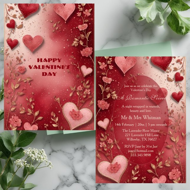 Convites Encontro Romântico de Dia dos Namorados com Coraçõ (Valentines Day Couple's Romantic Soiree Red Hearts Invitation)