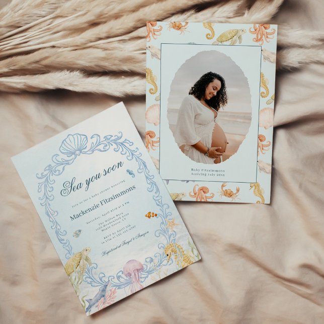 Convites Encontro Você Em Breve Churrasco de Bebê Fotográfi (Oval Sea You Soon Rococo Baby Shower Photo Invitation)