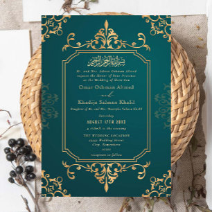 Convites Enfeite Azul Dourado e Turquesa Casamento Islâmico