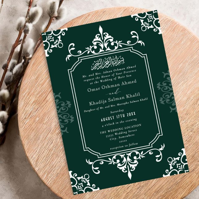 Convites Enfeite Branco e Verde Casamento Islâmico Vintage (Criador carregado)