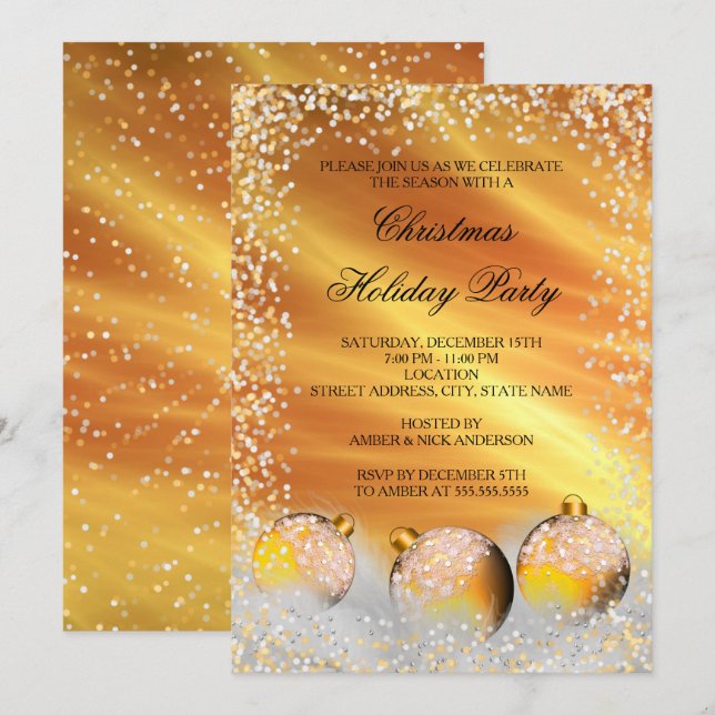 Convites Enfeite de Natal em Ouro Amarelo para Festa de Fim (Frente/Verso)