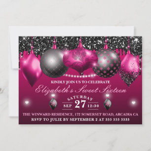 Convites Enfeite de Natal Rosa Quente e Preto Sweet 16