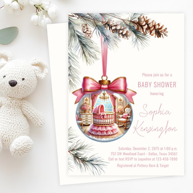 Convites Enfeite Rosa Elegante Chuvada de Bebê de Natal (Girl Christmas tree ornament baby shower invitation with glass ornament with pink nursery scene. )