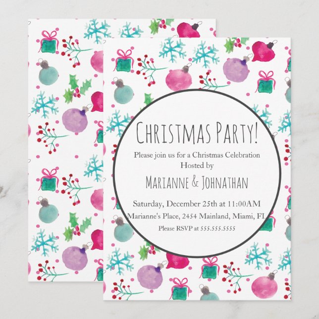 Convites Enfeites de festa de Natal aquarela Férias  (Frente/Verso)