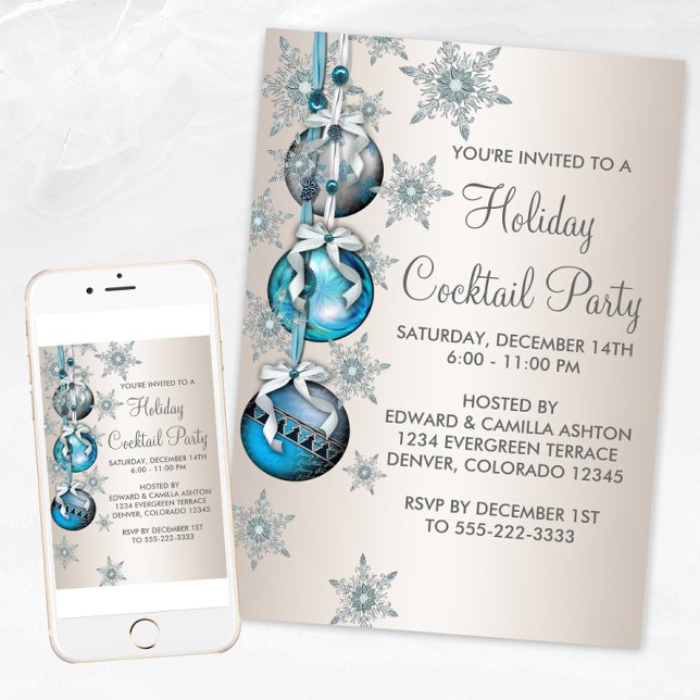 Convites Enfeites de Flocos de Neve Azul Turquesa Festa de  (Teal blue snowflakes ornament Christmas party invitation. Available for print and instant download.)