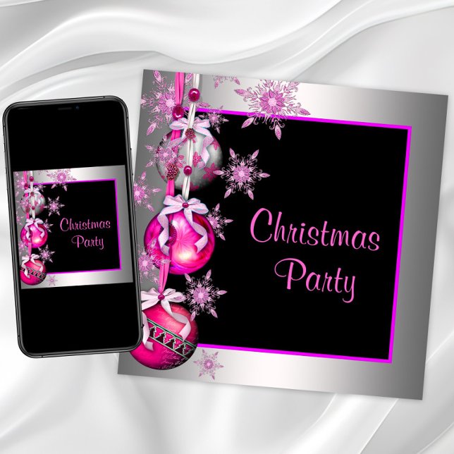 Convites Enfeites de Flocos de Neve Rosa Choque Festa de Na (Snowflakes and ornaments pink Christmas party invitation. Digital download and printed available.)