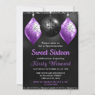 Convites Enfeites de Halloween Preto e Roxo Sweet 16