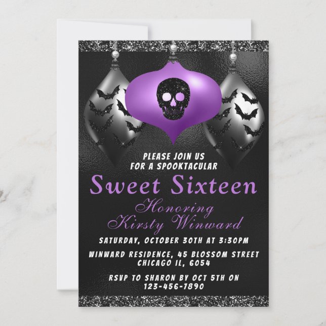 Convites Enfeites de Halloween Preto Roxo Sweet 16 (Frente)