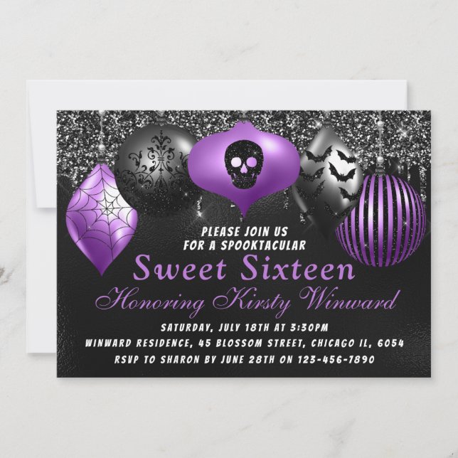 Convites Enfeites de Halloween Preto Roxo Sweet 16 (Frente)