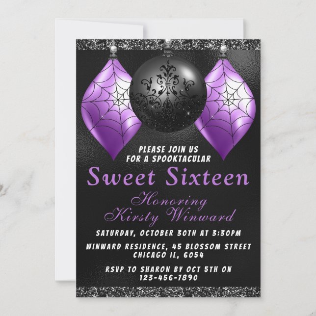 Convites Enfeites de Halloween Preto Roxo Sweet 16 (Frente)