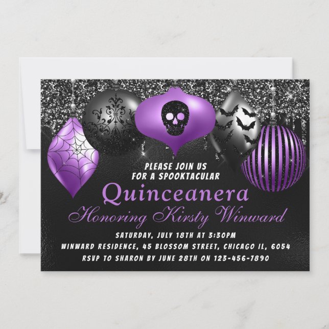 Convites Enfeites de Halloween Roxo Preto Quinceanera (Frente)