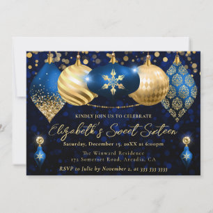 Convites Enfeites de Natal Azuis e Dourados Sweet 16