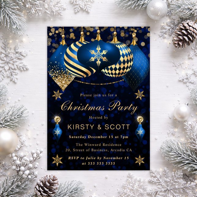 Convites Enfeites de Natal Brilhantes Azul e Dourado Festa  (Criador carregado)