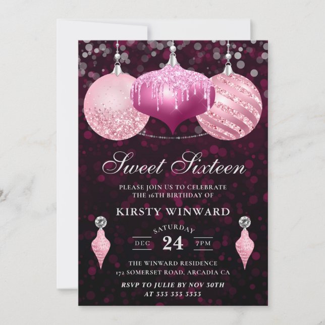 Convites Enfeites de Natal Brilhantes Rosa para Sweet Sixte (Frente)
