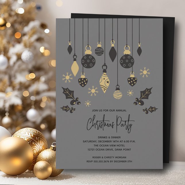 Convites Enfeites de natal chic (Chic Christmas tree ornaments on grey party invitations, PRINTED and/or INSTANT DOWNLOAD)